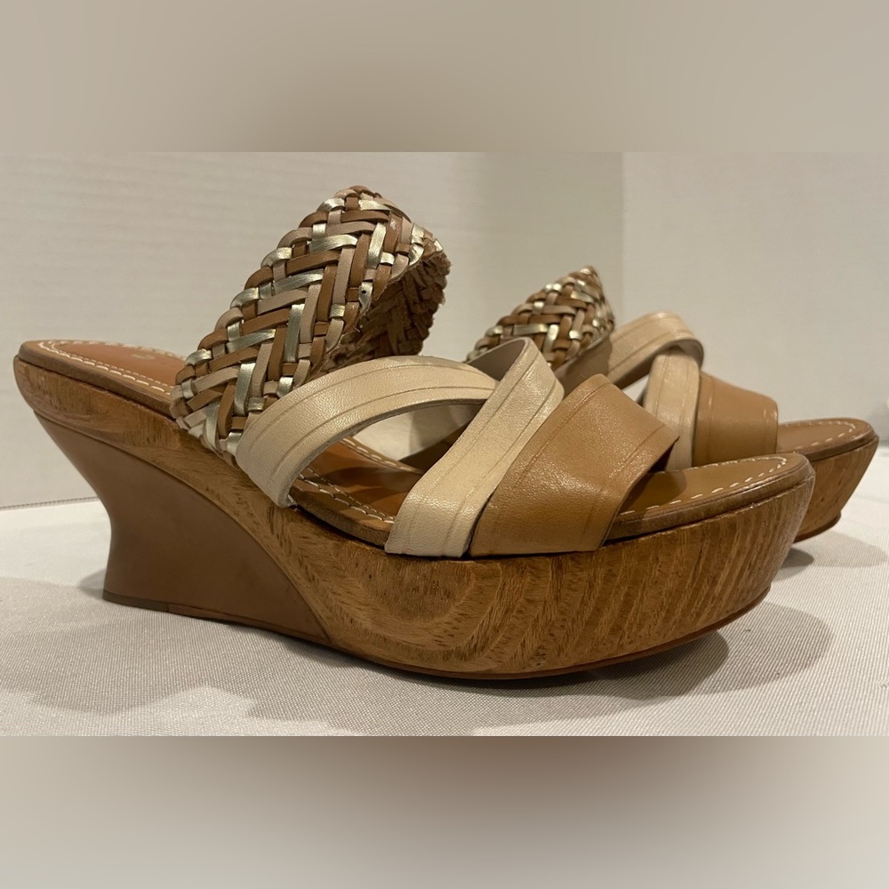 ANTHROPOLOGIE Leifsdottir Wedge Heeled Sandals Wood Tan Brown Leather Womens 6.5